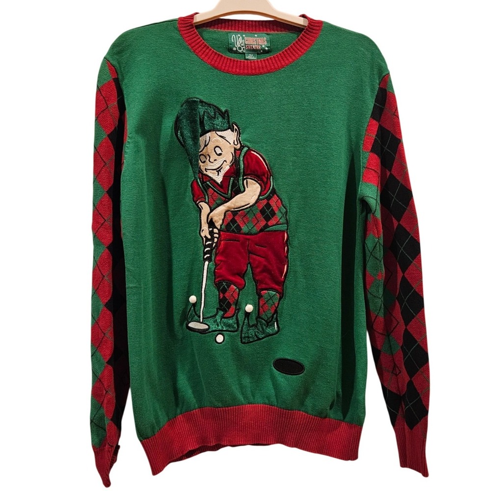 Ugly Christmas Sweater Golf Large Green Golfing Elf Argyle Sleeve Cotton Knit